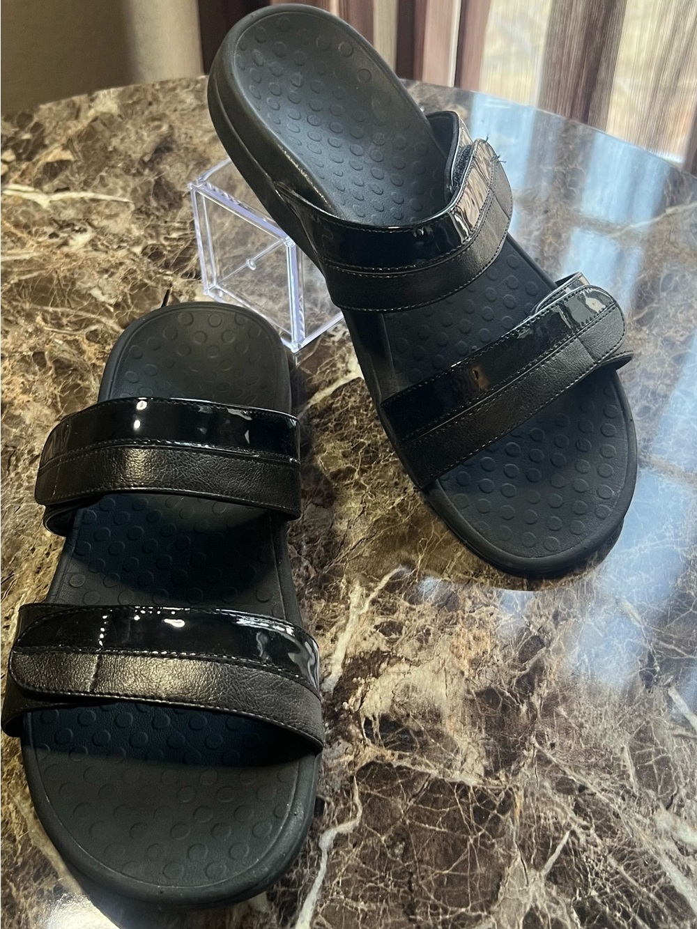 Vionic Black Patent Double-Strap Slide Sandals